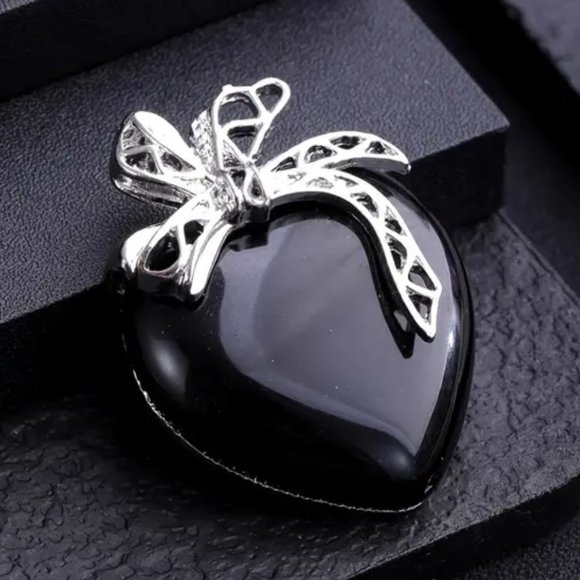 Black Obsidian Natural Gemstone Love Heart Bow Knot Pendant Necklace Gemstone - Picture 3 of 3